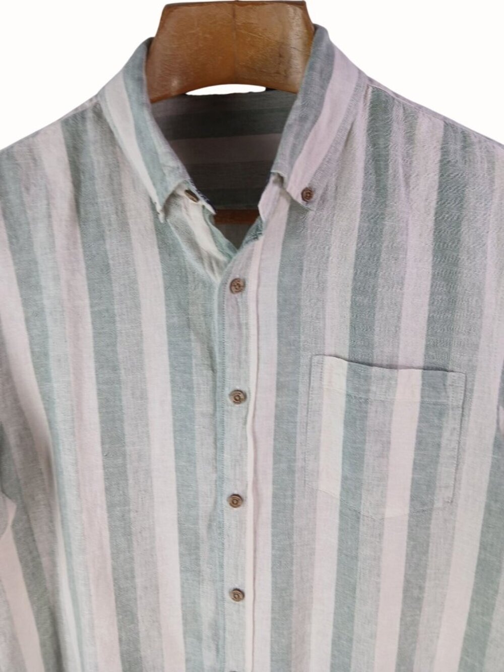 Tailor Vintage Mens Green White Striped Puretec Cool Linen Button Shirt Size L - Picture 2 of 13